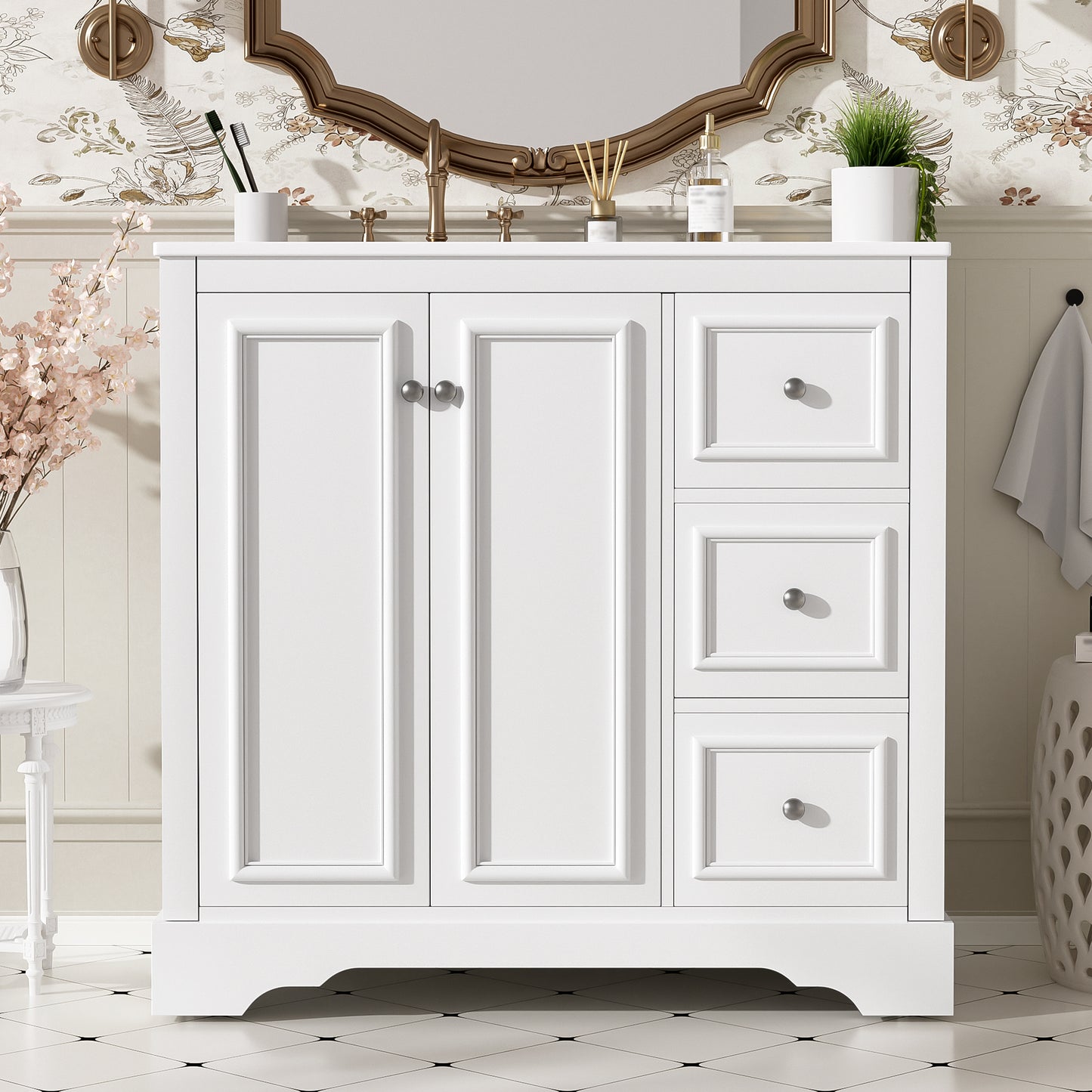 VanityFus 36-in Single Sink Combo White Bathroom Vanity With Ceramic Top 1 Soft-Close Doors 3 drawer