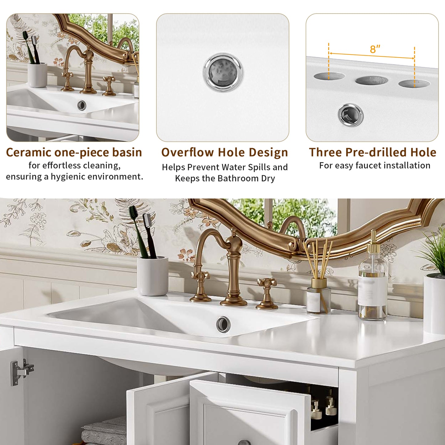 VanityFus 36-in Single Sink Combo White Bathroom Vanity With Ceramic Top 1 Soft-Close Doors 3 drawer