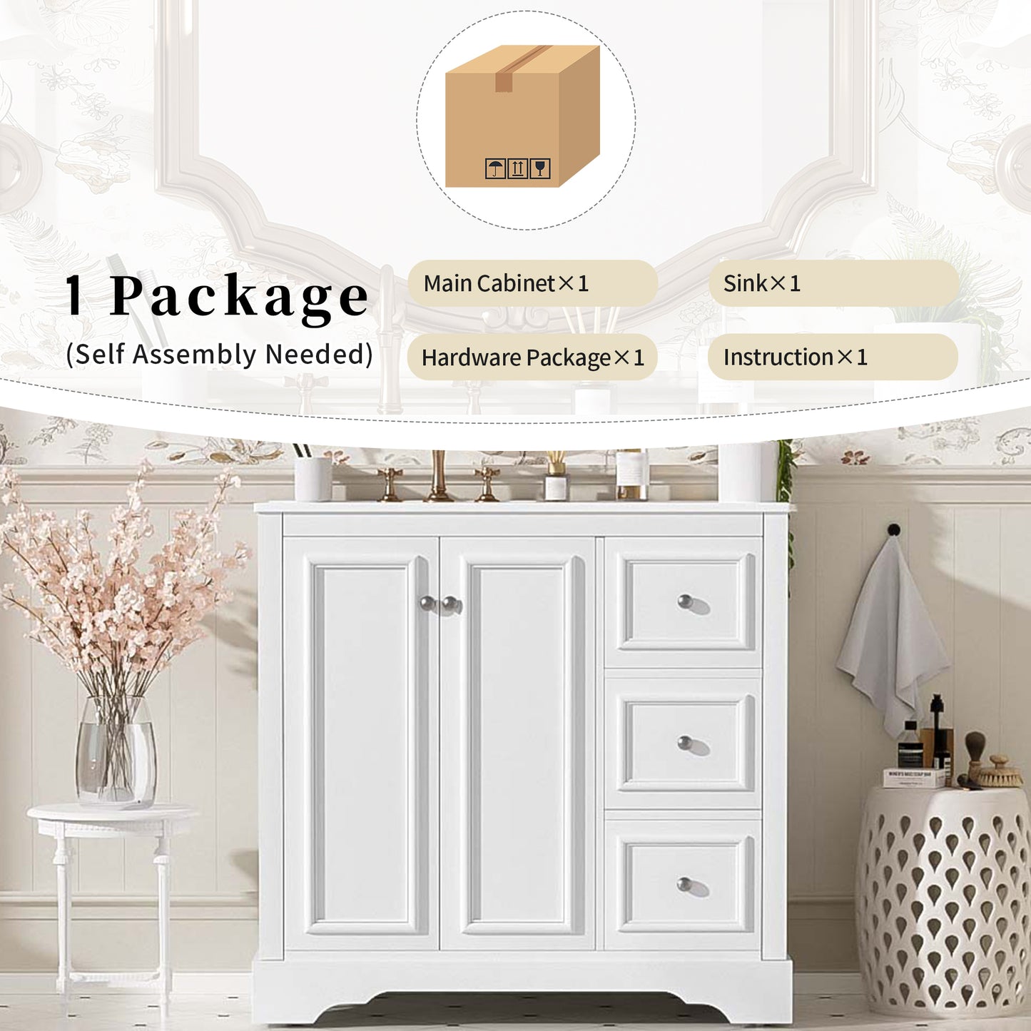 VanityFus 36-in Single Sink Combo White Bathroom Vanity With Ceramic Top 1 Soft-Close Doors 3 drawer
