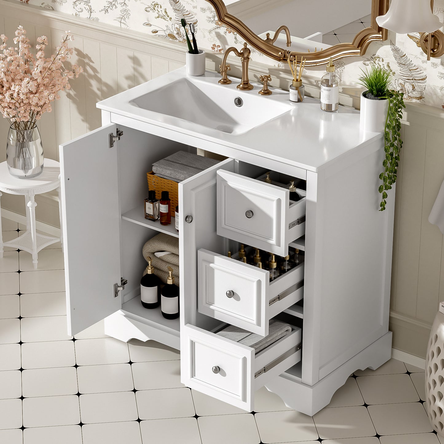 VanityFus 36-in Single Sink Combo White Bathroom Vanity With Ceramic Top 1 Soft-Close Doors 3 drawer