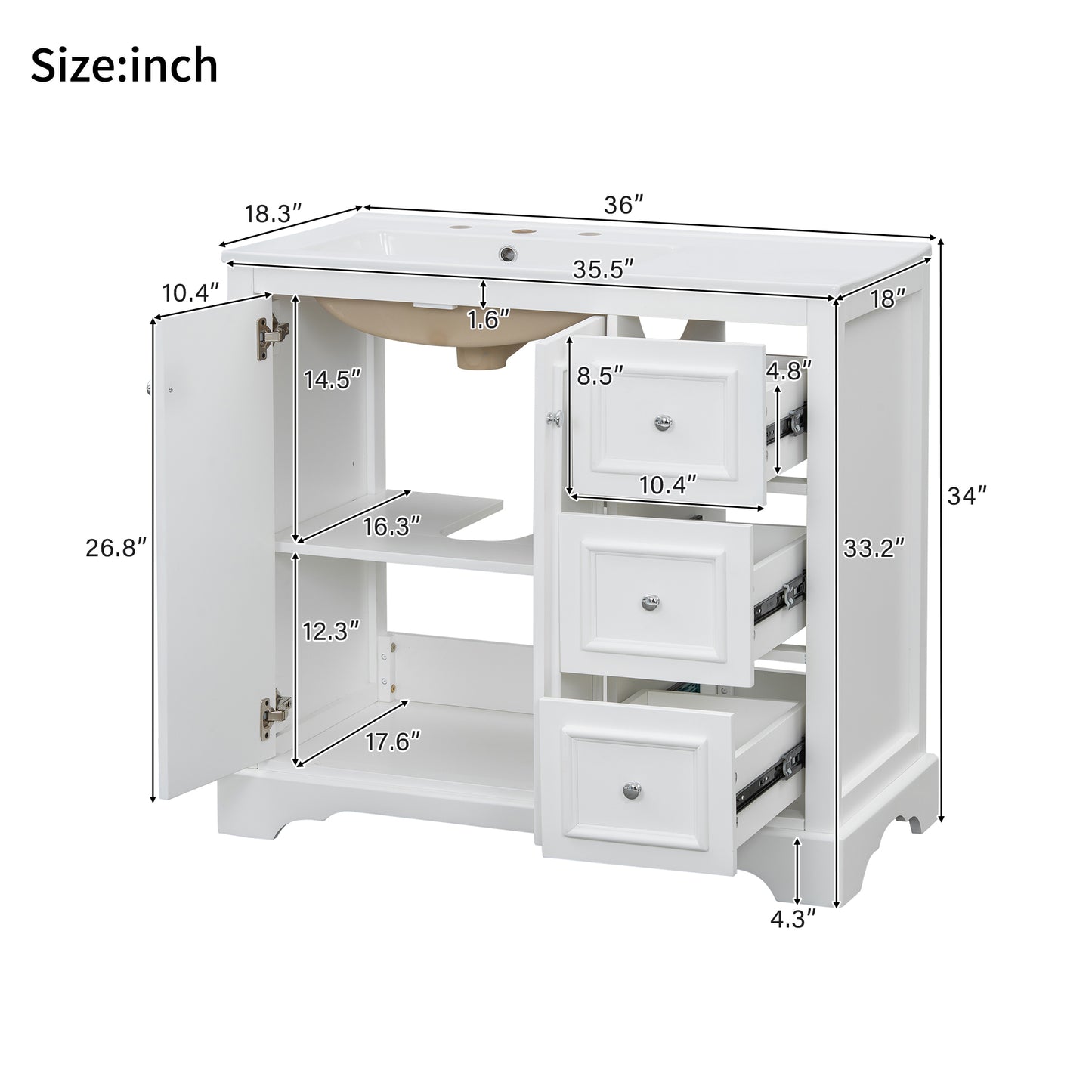 VanityFus 36-in Single Sink Combo White Bathroom Vanity With Ceramic Top 1 Soft-Close Doors 3 drawer