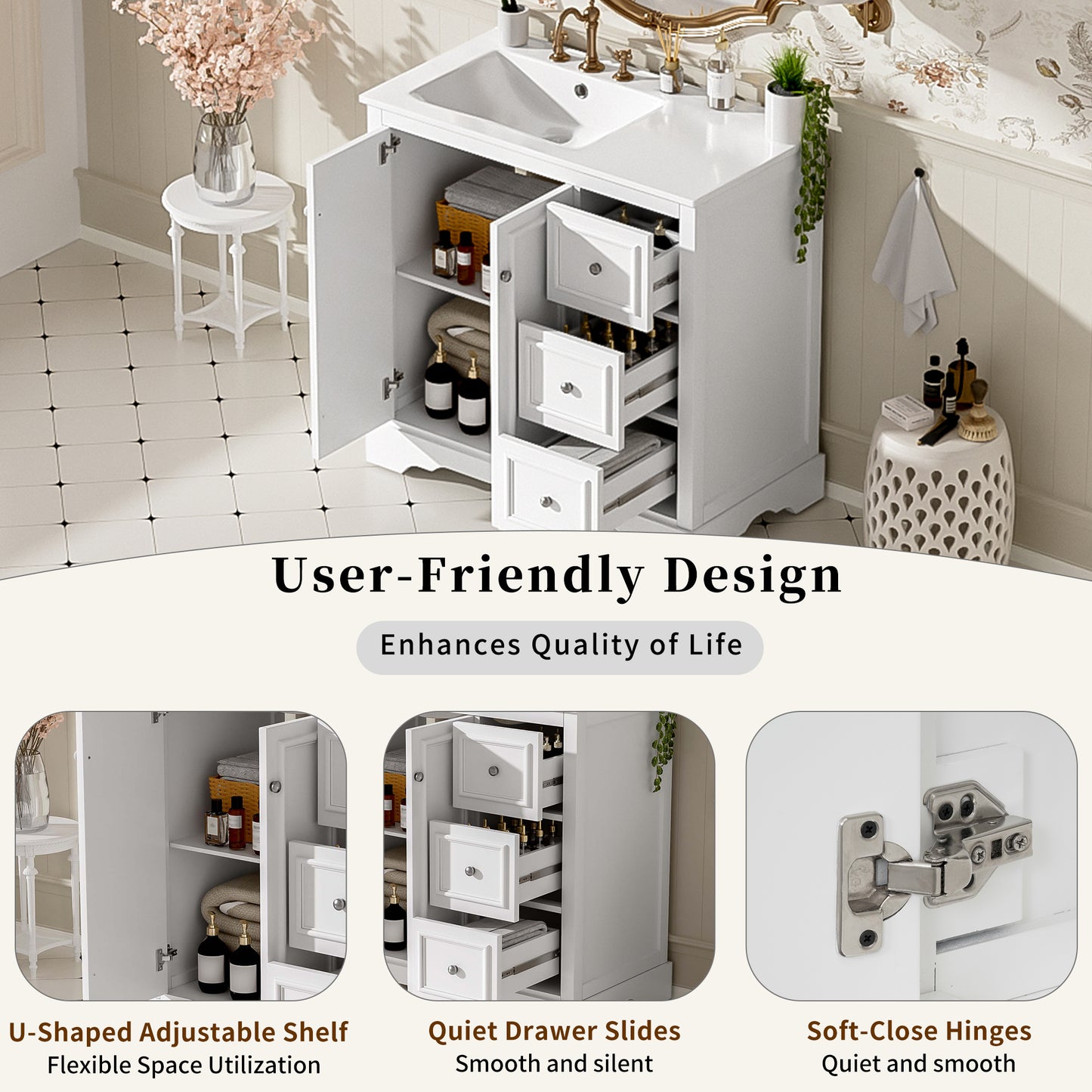 VanityFus 36-in Single Sink Combo White Bathroom Vanity With Ceramic Top 1 Soft-Close Doors 3 drawer