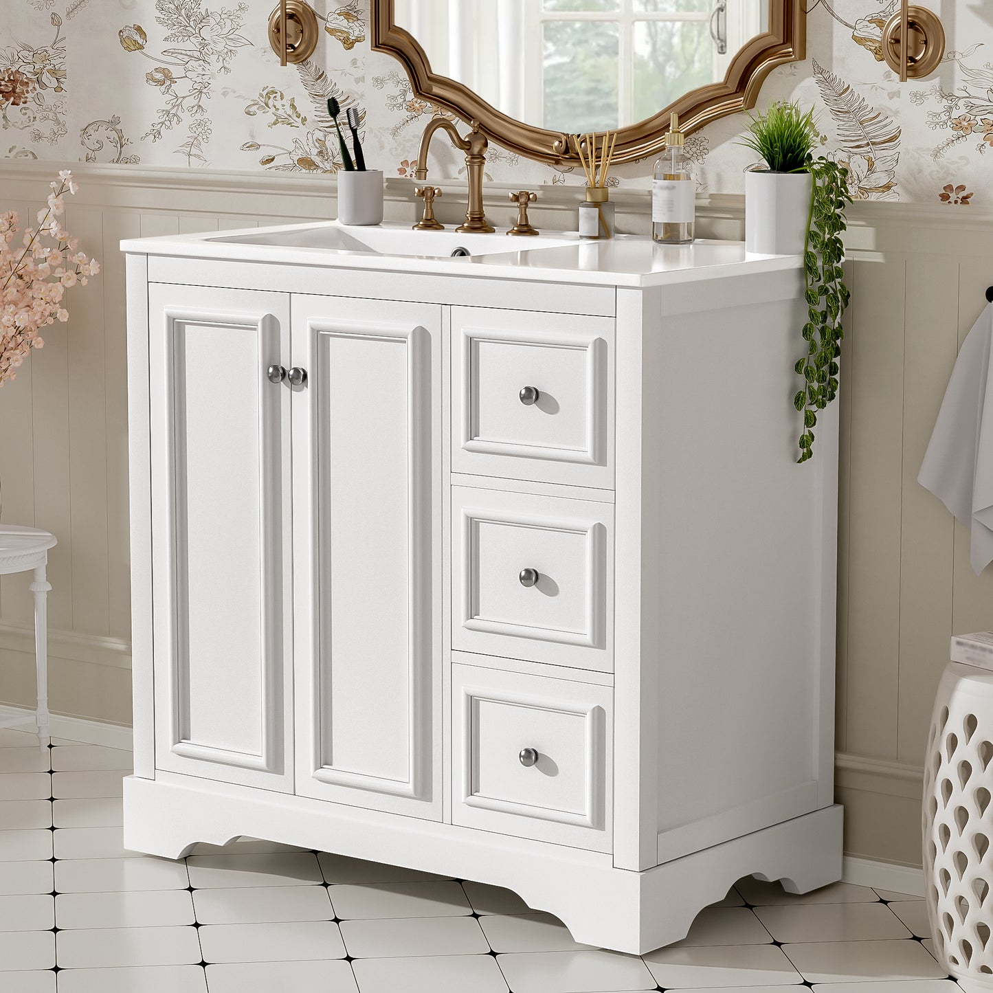 VanityFus 36-in Single Sink Combo White Bathroom Vanity With Ceramic Top 1 Soft-Close Doors 3 drawer