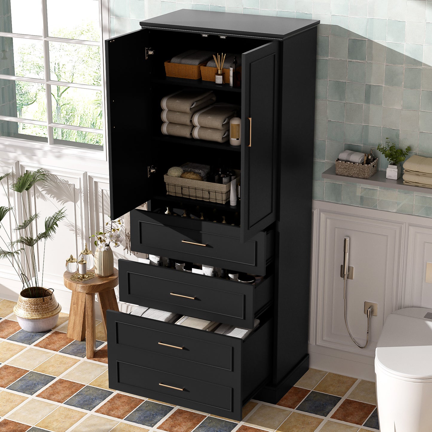 VanityFus Black 15.67-in x 29.92-in x 72.2-in Wood Freestanding Soft Close Linen Cabinet adjustable shelves 4 Soft close doors 3 drawers