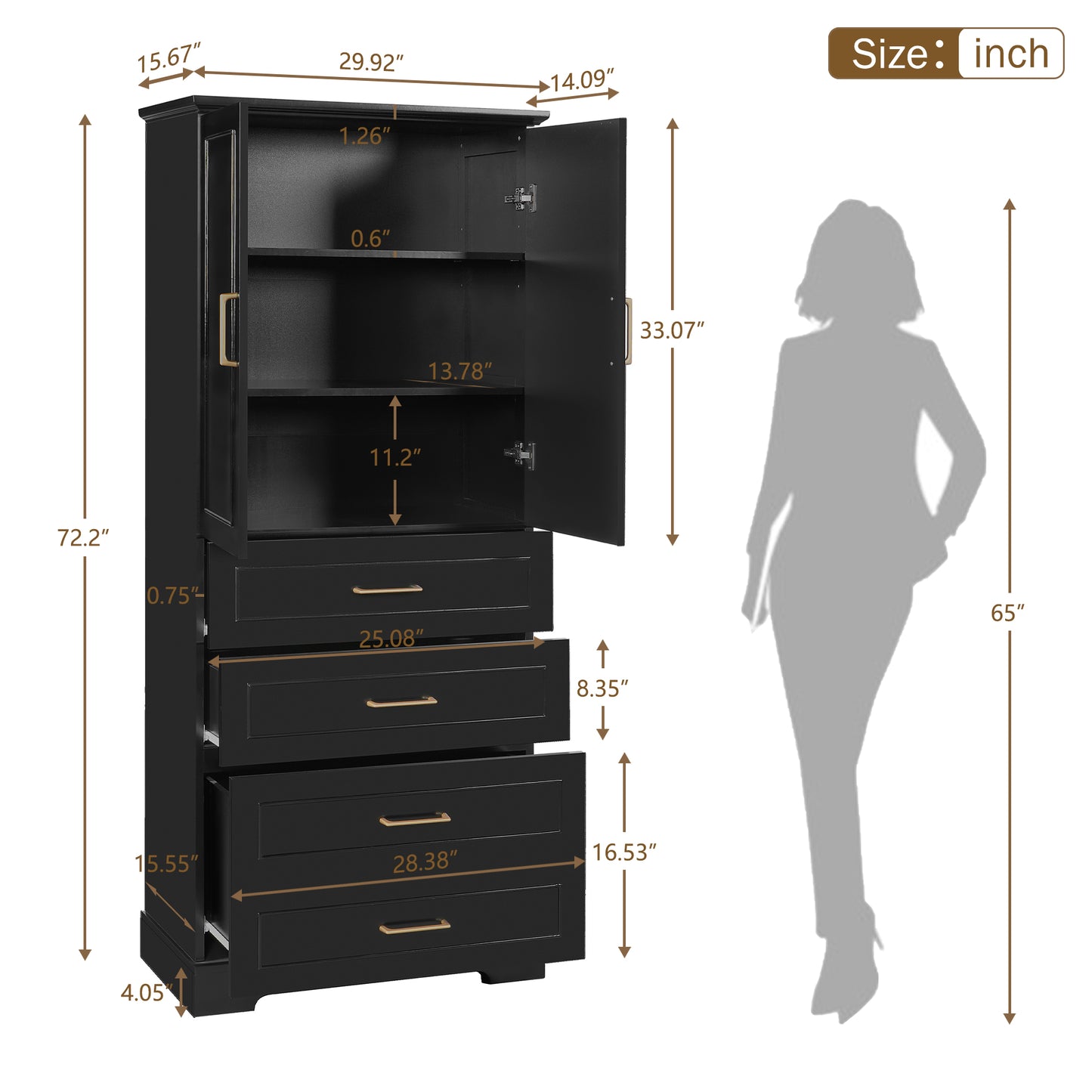 VanityFus Black 15.67-in x 29.92-in x 72.2-in Wood Freestanding Soft Close Linen Cabinet adjustable shelves 4 Soft close doors 3 drawers