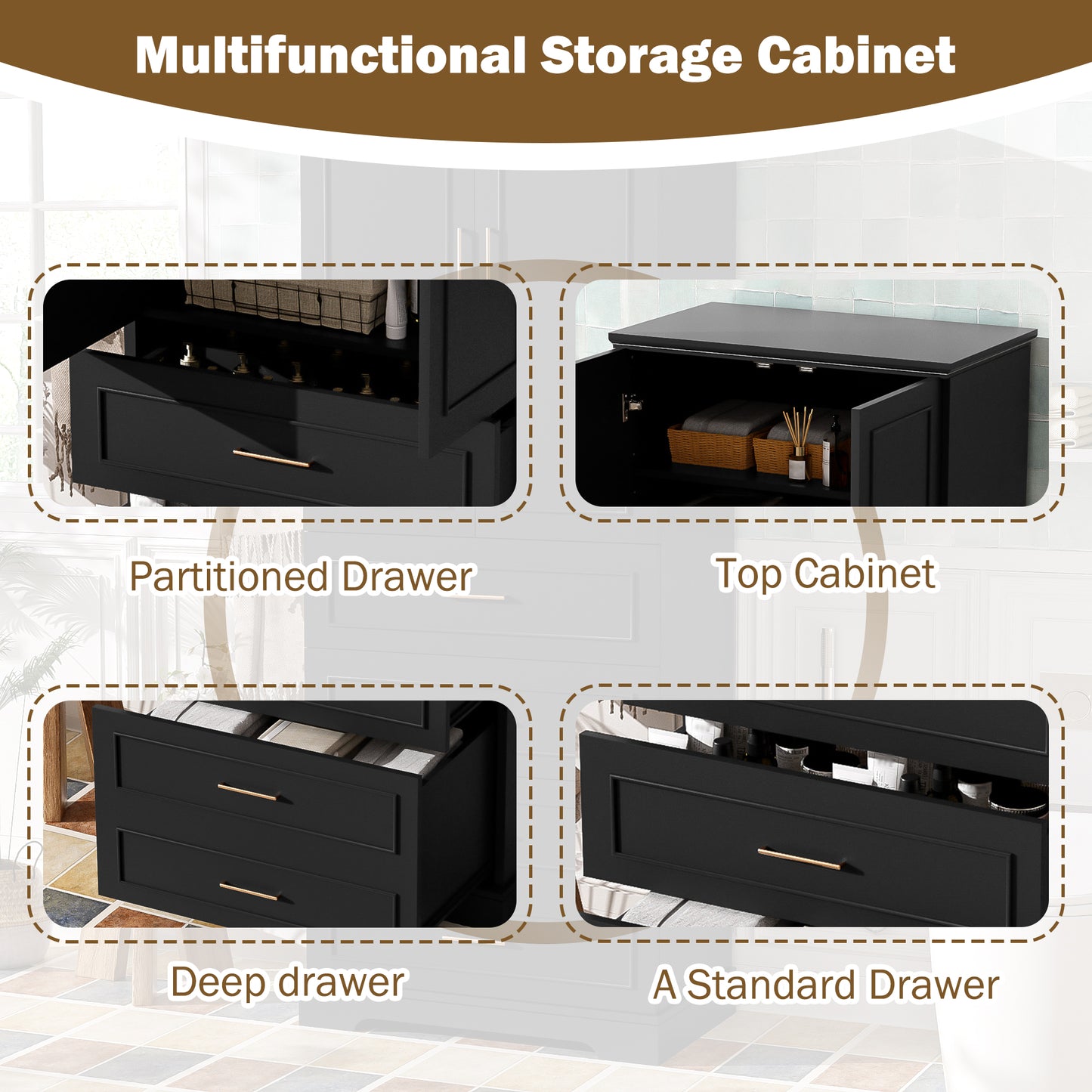 VanityFus Black 15.67-in x 29.92-in x 72.2-in Wood Freestanding Soft Close Linen Cabinet adjustable shelves 4 Soft close doors 3 drawers