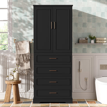 VanityFus Black 15.67-in x 29.92-in x 72.2-in Wood Freestanding Soft Close Linen Cabinet adjustable shelves 4 Soft close doors 3 drawers
