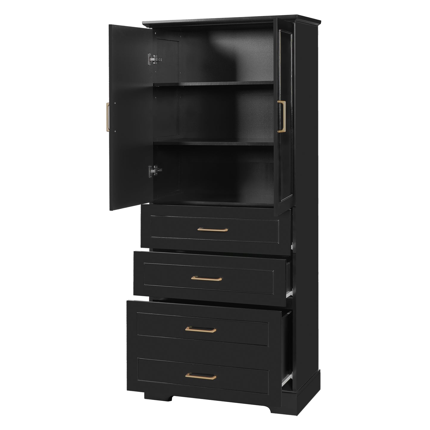 VanityFus Black 15.67-in x 29.92-in x 72.2-in Wood Freestanding Soft Close Linen Cabinet adjustable shelves 4 Soft close doors 3 drawers
