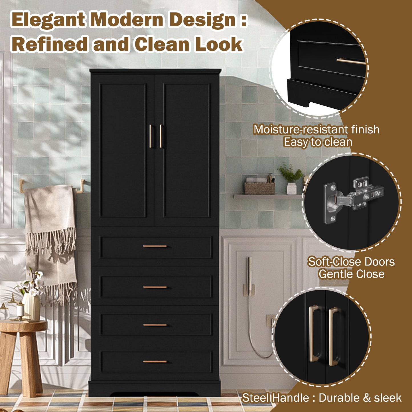 VanityFus Black 15.67-in x 29.92-in x 72.2-in Wood Freestanding Soft Close Linen Cabinet adjustable shelves 4 Soft close doors 3 drawers