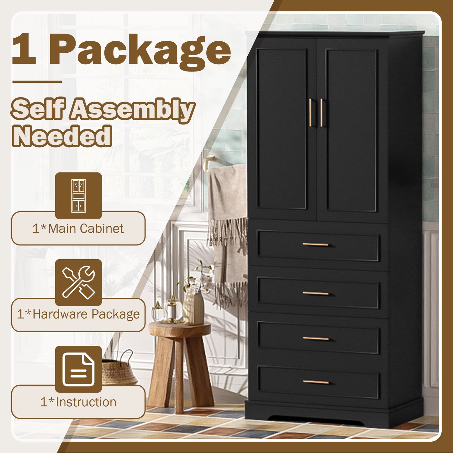 VanityFus Black 15.67-in x 29.92-in x 72.2-in Wood Freestanding Soft Close Linen Cabinet adjustable shelves 4 Soft close doors 3 drawers