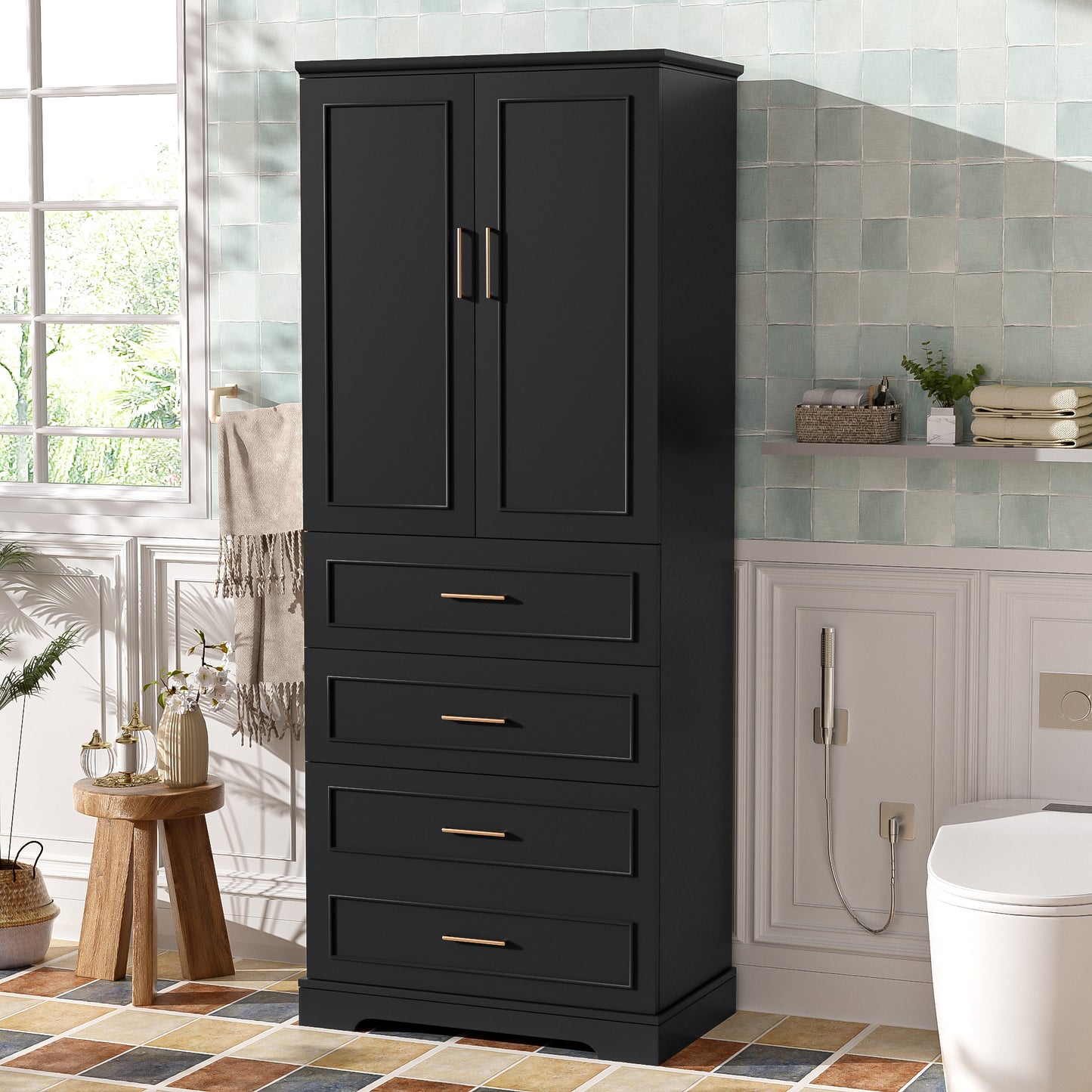 VanityFus Black 15.67-in x 29.92-in x 72.2-in Wood Freestanding Soft Close Linen Cabinet adjustable shelves 4 Soft close doors 3 drawers