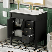 VanityFus Black 30-in Bathroom Vanity Single Sink Combo Ceramic Top 2 Soft-Close Doors 3 Drawers Adjustable Shelves