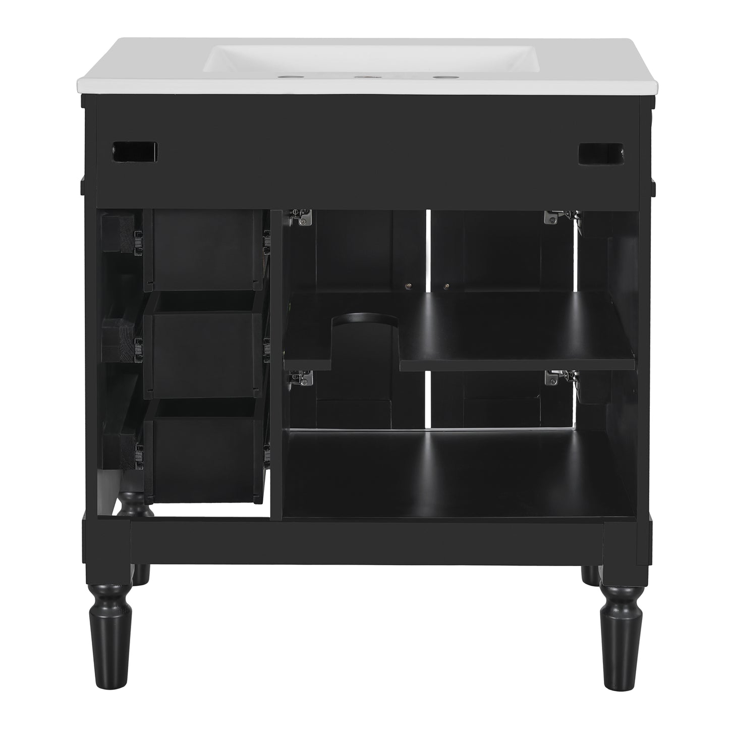 VanityFus Black 30-in Bathroom Vanity Single Sink Combo Ceramic Top 2 Soft-Close Doors 3 Drawers Adjustable Shelves