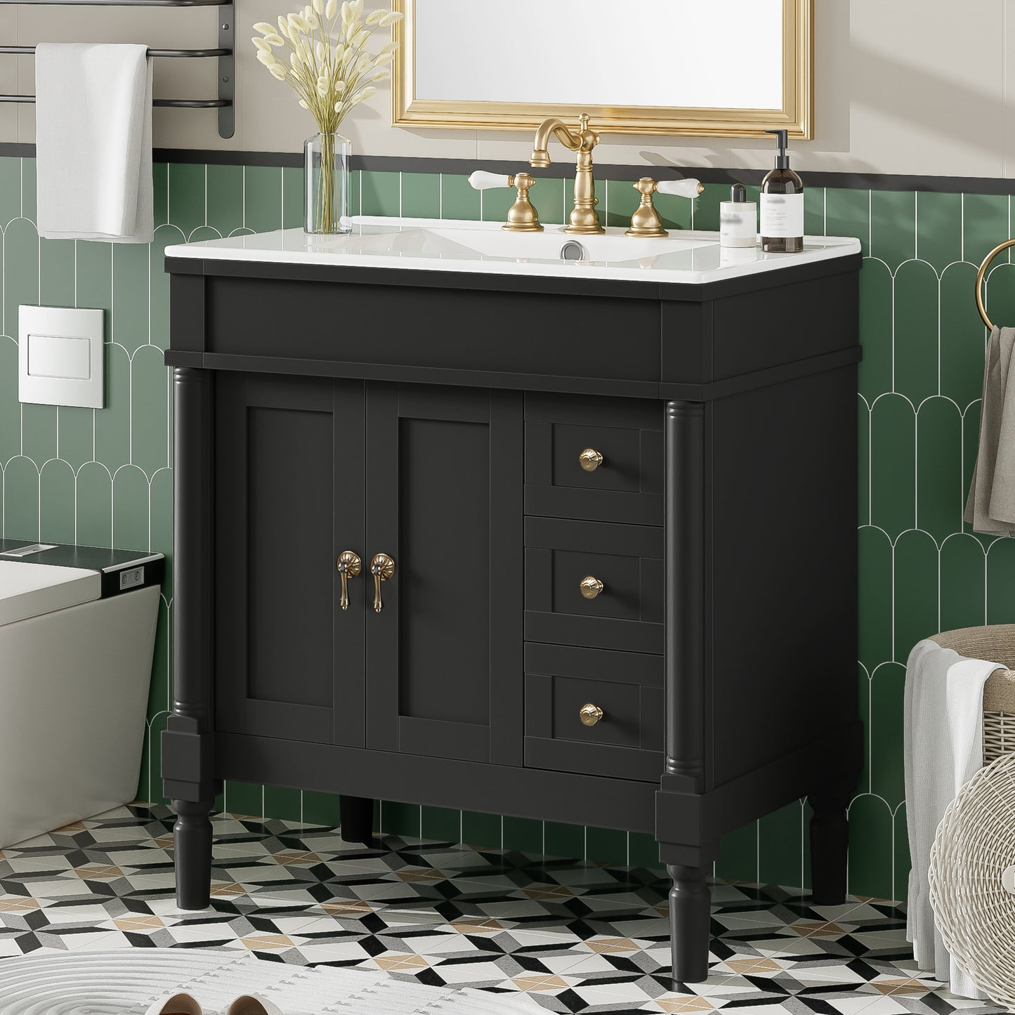 VanityFus Black 30-in Bathroom Vanity Single Sink Combo Ceramic Top 2 Soft-Close Doors 3 Drawers Adjustable Shelves