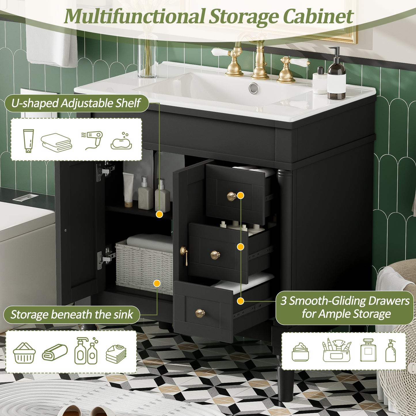 VanityFus Black 30-in Bathroom Vanity Single Sink Combo Ceramic Top 2 Soft-Close Doors 3 Drawers Adjustable Shelves