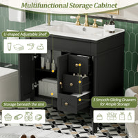 VanityFus Black 30-in Bathroom Vanity Single Sink Combo Ceramic Top 2 Soft-Close Doors 3 Drawers Adjustable Shelves