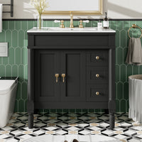 VanityFus Black 30-in Bathroom Vanity Single Sink Combo Ceramic Top 2 Soft-Close Doors 3 Drawers Adjustable Shelves
