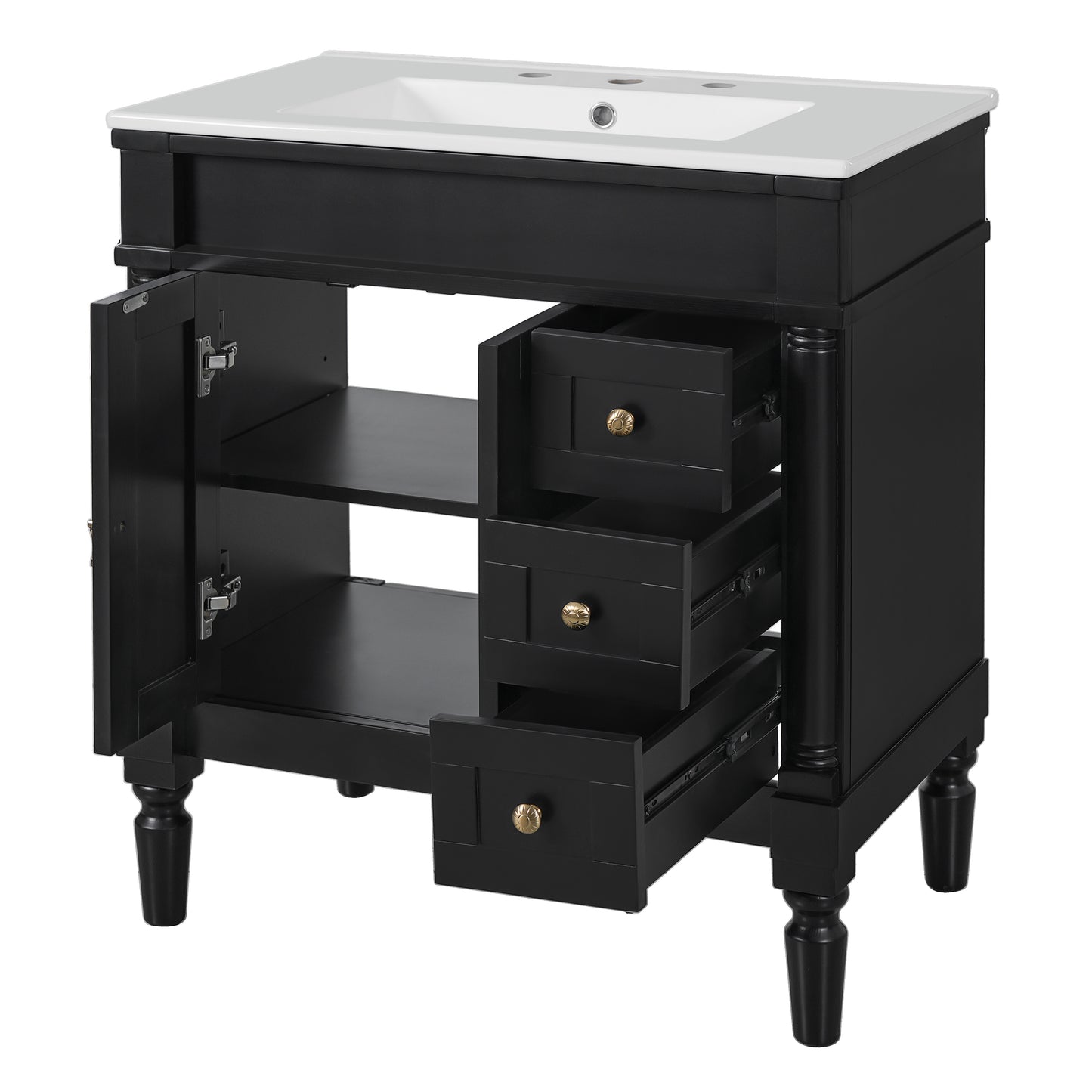 VanityFus Black 30-in Bathroom Vanity Single Sink Combo Ceramic Top 2 Soft-Close Doors 3 Drawers Adjustable Shelves