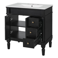 VanityFus Black 30-in Bathroom Vanity Single Sink Combo Ceramic Top 2 Soft-Close Doors 3 Drawers Adjustable Shelves