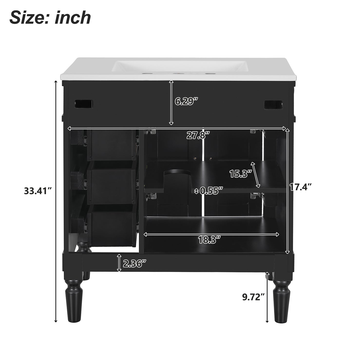 VanityFus Black 30-in Bathroom Vanity Single Sink Combo Ceramic Top 2 Soft-Close Doors 3 Drawers Adjustable Shelves