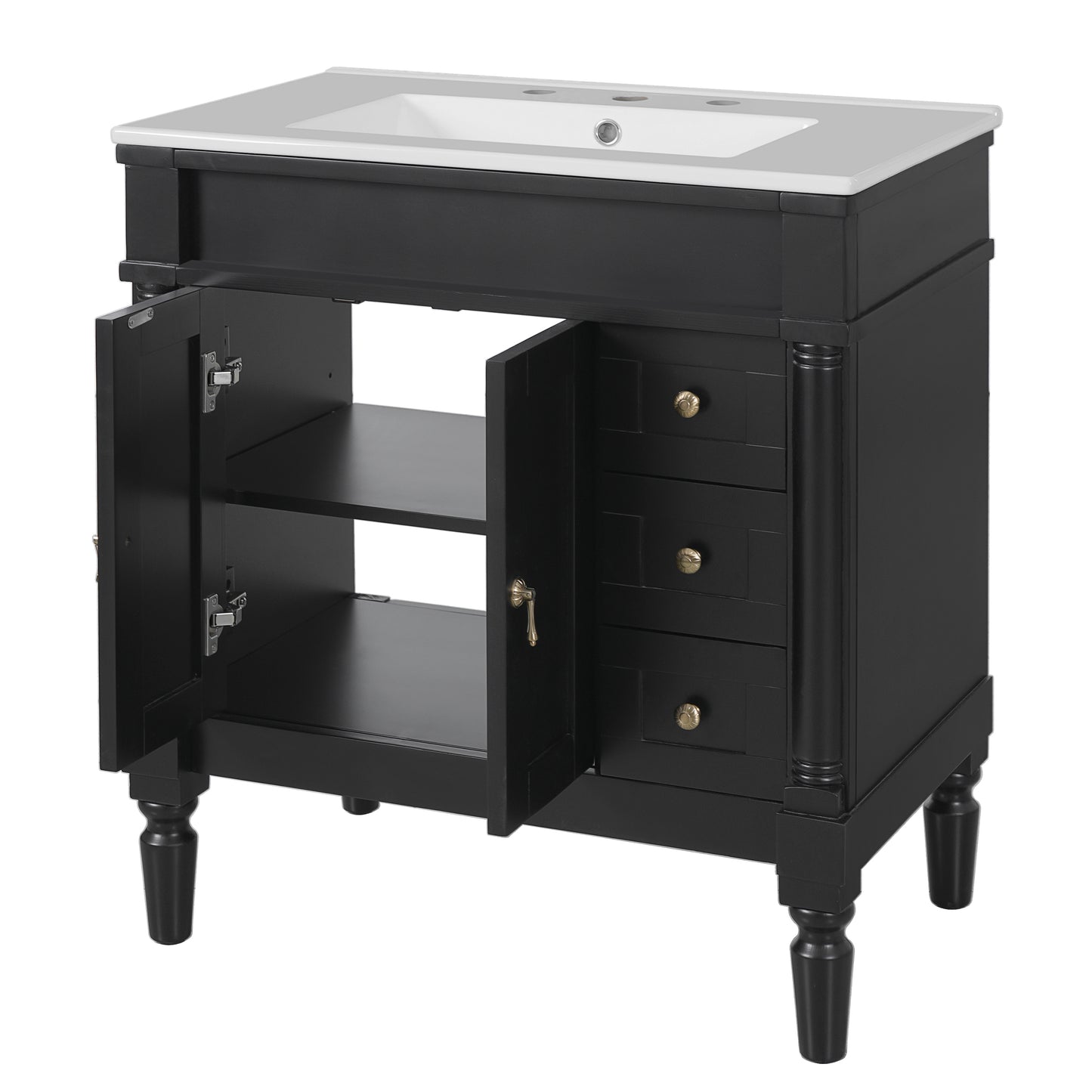 VanityFus Black 30-in Bathroom Vanity Single Sink Combo Ceramic Top 2 Soft-Close Doors 3 Drawers Adjustable Shelves