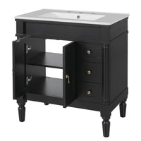 VanityFus Black 30-in Bathroom Vanity Single Sink Combo Ceramic Top 2 Soft-Close Doors 3 Drawers Adjustable Shelves