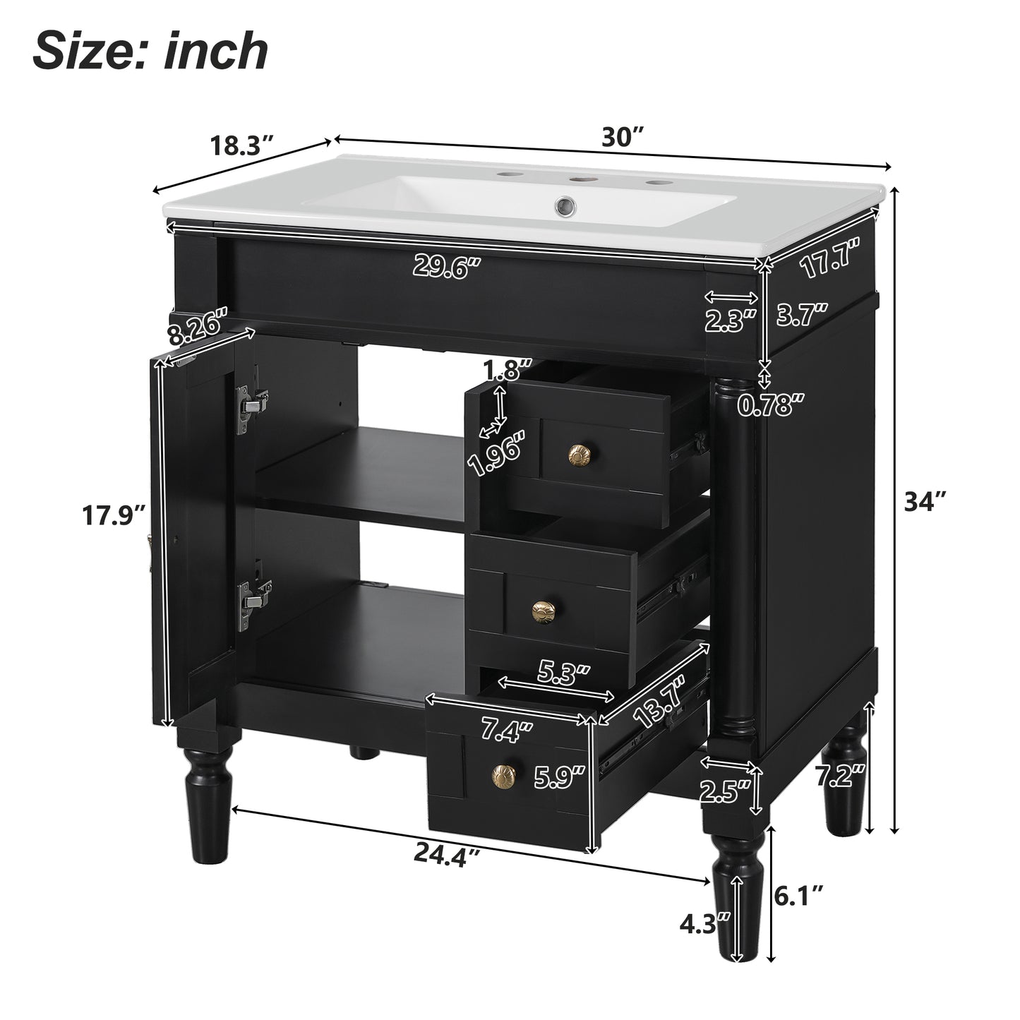 VanityFus Black 30-in Bathroom Vanity Single Sink Combo Ceramic Top 2 Soft-Close Doors 3 Drawers Adjustable Shelves
