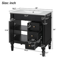 VanityFus Black 30-in Bathroom Vanity Single Sink Combo Ceramic Top 2 Soft-Close Doors 3 Drawers Adjustable Shelves