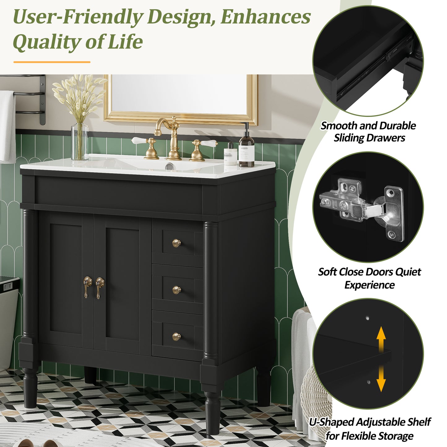 VanityFus Black 30-in Bathroom Vanity Single Sink Combo Ceramic Top 2 Soft-Close Doors 3 Drawers Adjustable Shelves