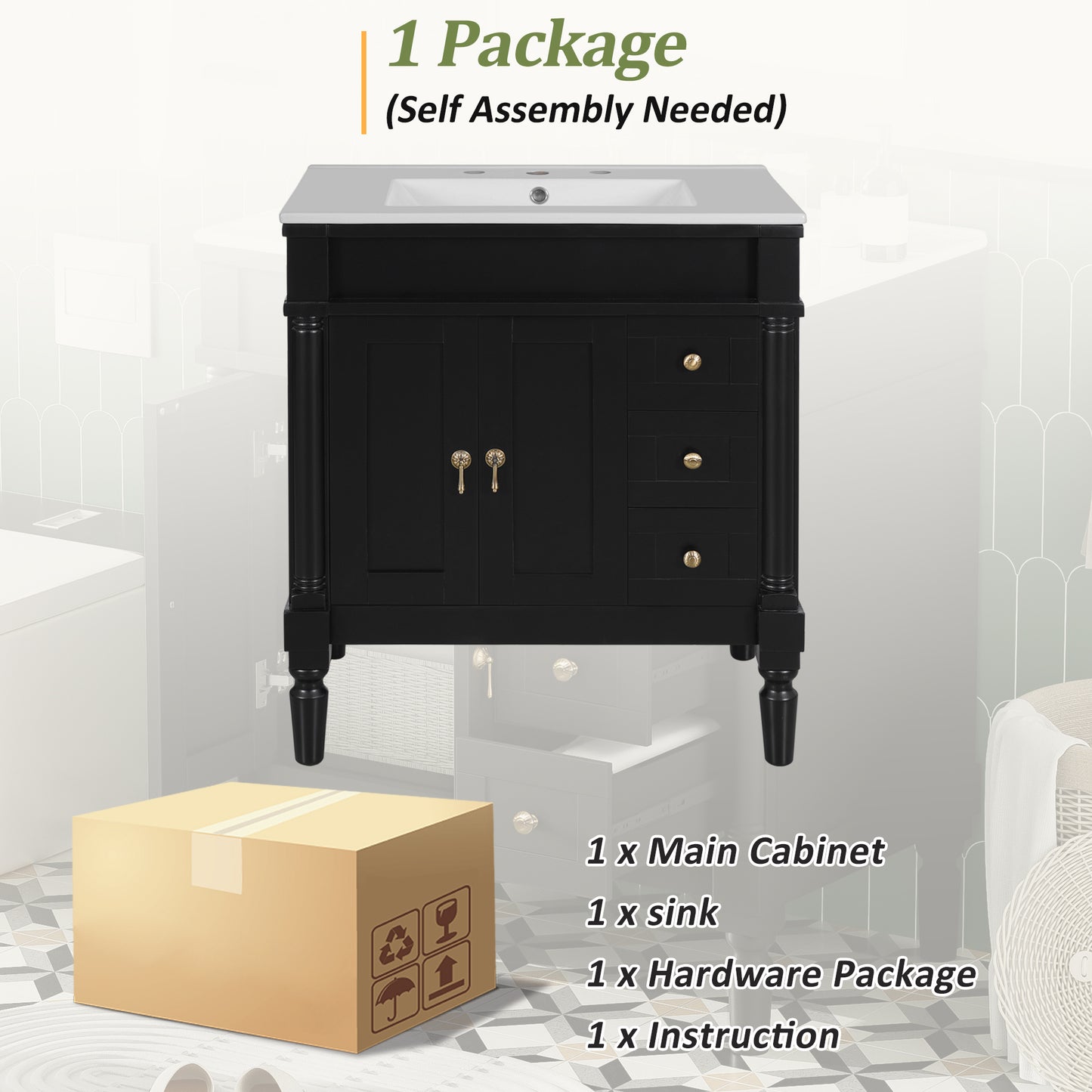 VanityFus Black 30-in Bathroom Vanity Single Sink Combo Ceramic Top 2 Soft-Close Doors 3 Drawers Adjustable Shelves