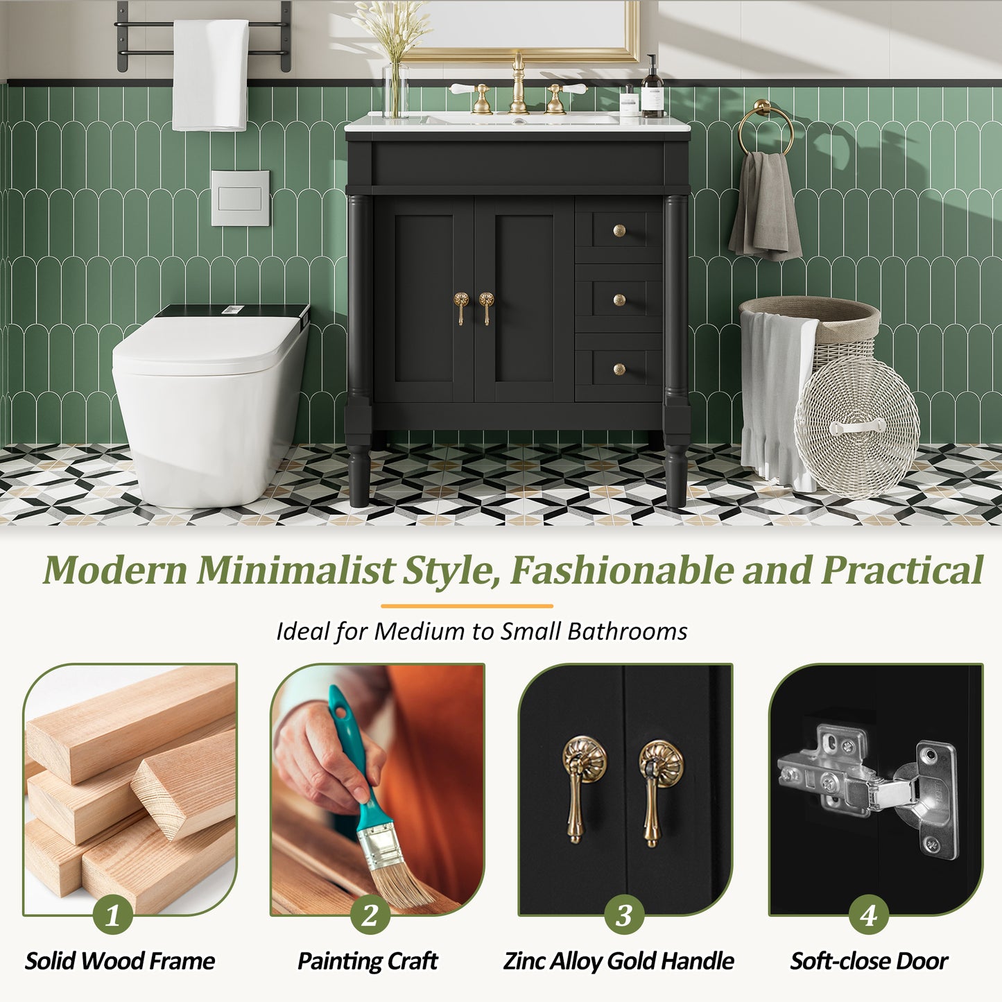 VanityFus Black 30-in Bathroom Vanity Single Sink Combo Ceramic Top 2 Soft-Close Doors 3 Drawers Adjustable Shelves