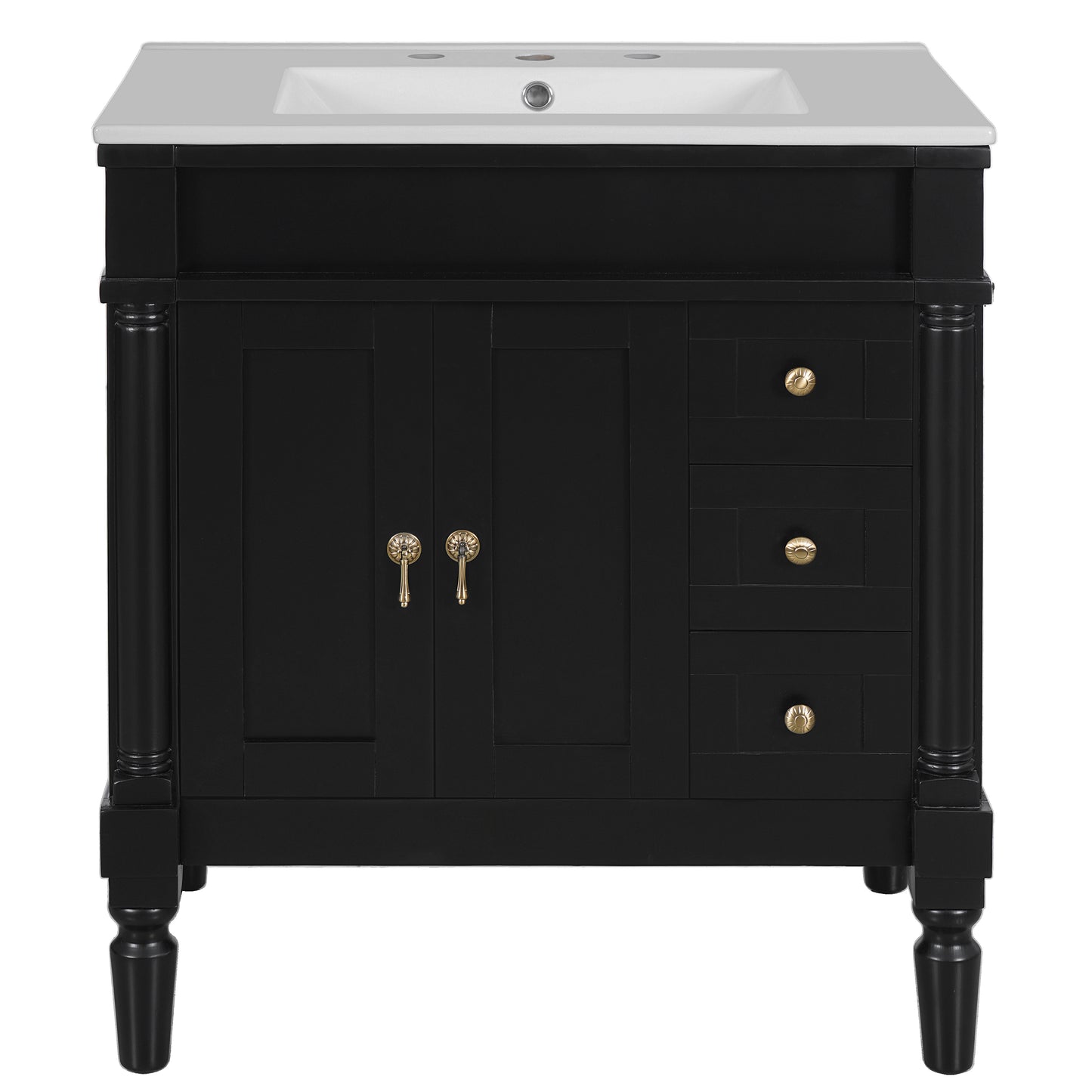 VanityFus Black 30-in Bathroom Vanity Single Sink Combo Ceramic Top 2 Soft-Close Doors 3 Drawers Adjustable Shelves