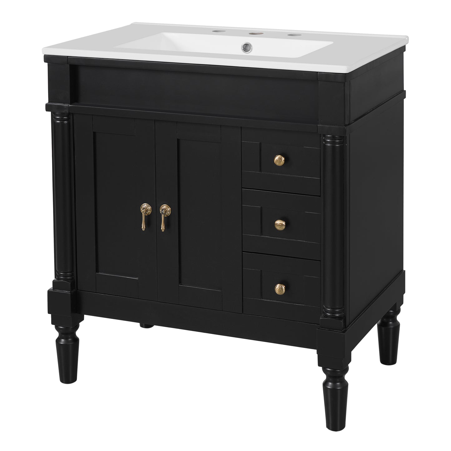 VanityFus Black 30-in Bathroom Vanity Single Sink Combo Ceramic Top 2 Soft-Close Doors 3 Drawers Adjustable Shelves