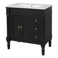 VanityFus Black 30-in Bathroom Vanity Single Sink Combo Ceramic Top 2 Soft-Close Doors 3 Drawers Adjustable Shelves