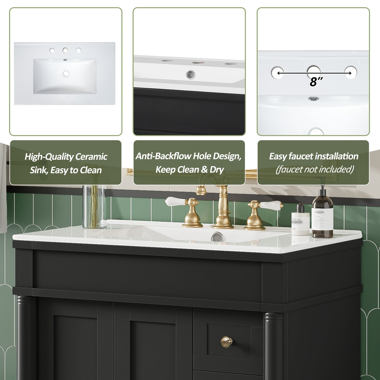 VanityFus Black 30-in Bathroom Vanity Single Sink Combo Ceramic Top 2 Soft-Close Doors 3 Drawers Adjustable Shelves