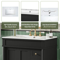 VanityFus Black 30-in Bathroom Vanity Single Sink Combo Ceramic Top 2 Soft-Close Doors 3 Drawers Adjustable Shelves