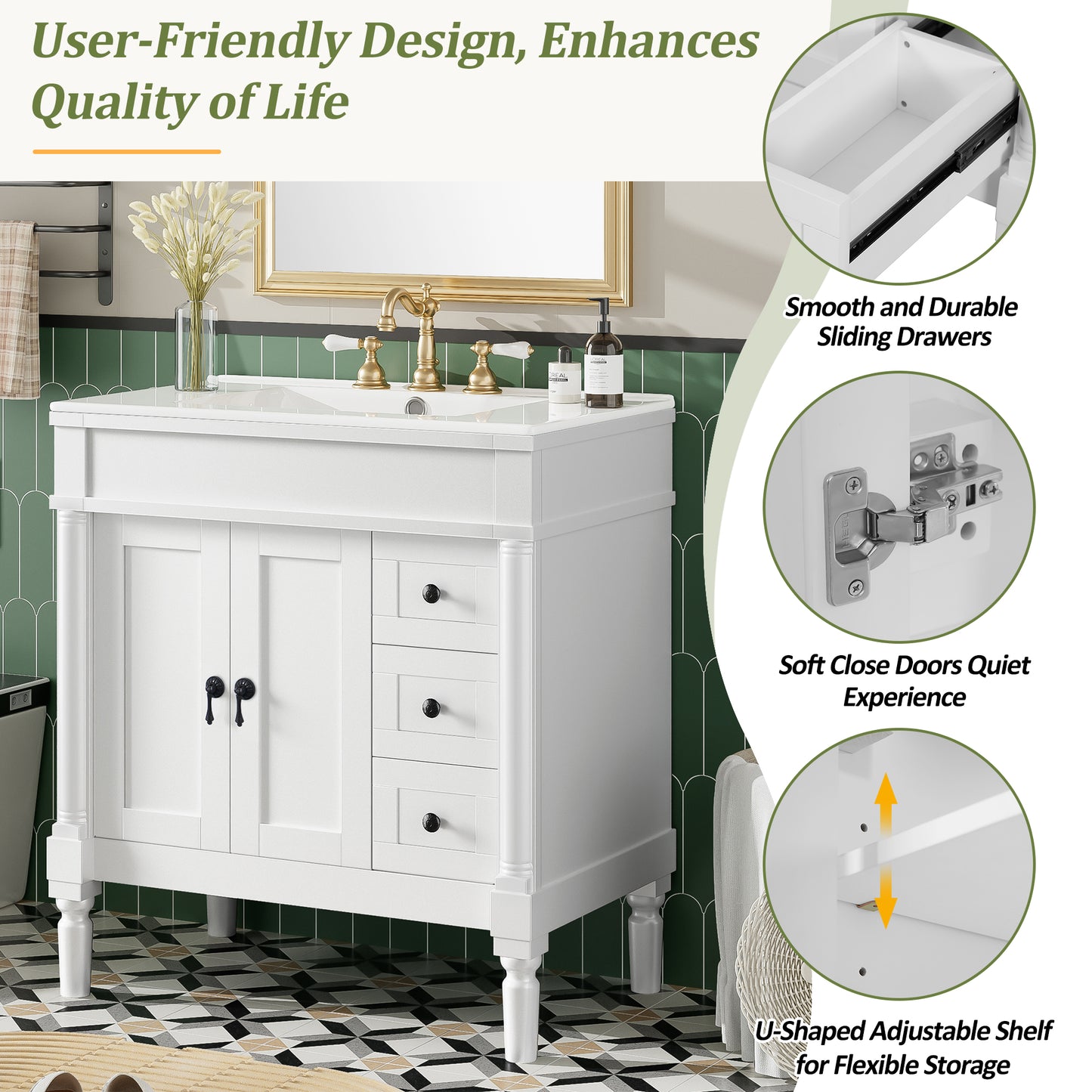VanityFus White 30-in Bathroom Vanity Single Sink Combo Ceramic Top 2 Soft-Close Doors 3 Drawers Adjustable Shelves
