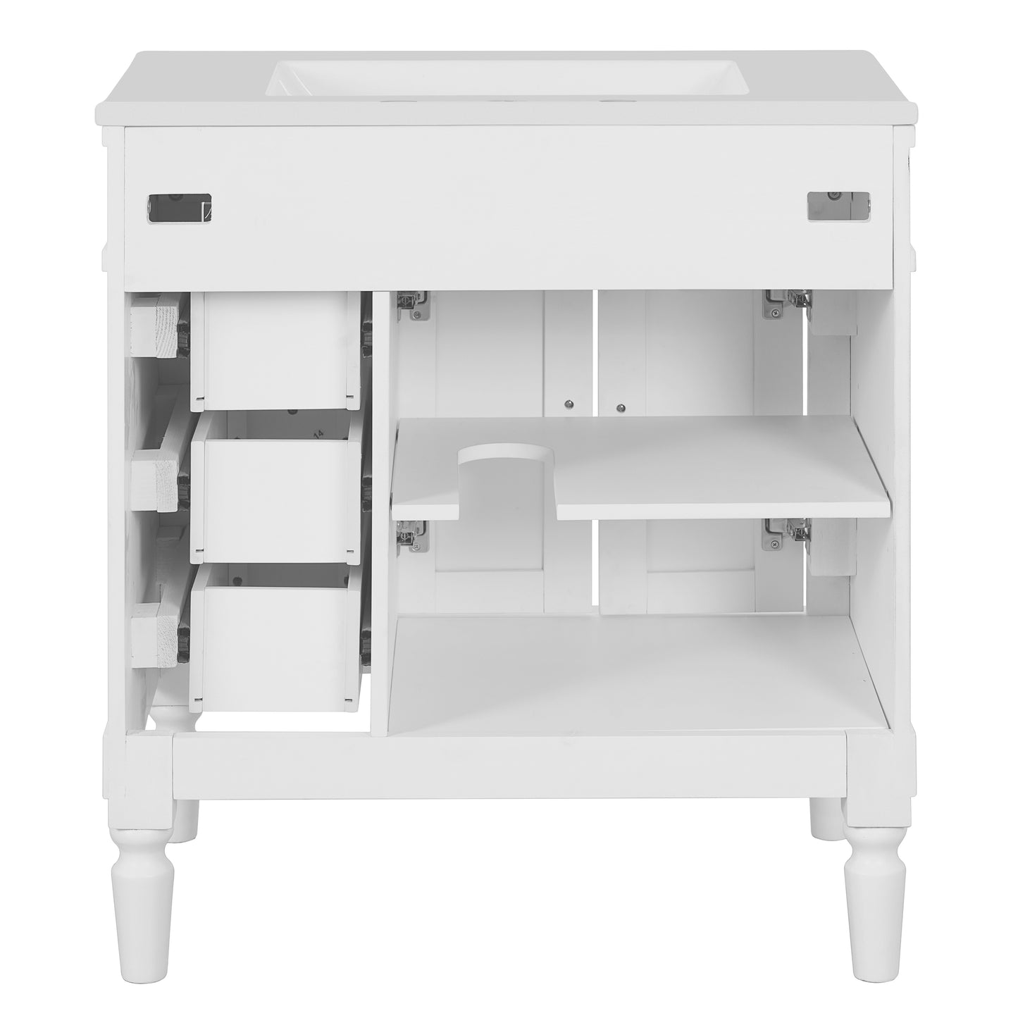 VanityFus White 30-in Bathroom Vanity Single Sink Combo Ceramic Top 2 Soft-Close Doors 3 Drawers Adjustable Shelves