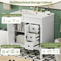 VanityFus White 30-in Bathroom Vanity Single Sink Combo Ceramic Top 2 Soft-Close Doors 3 Drawers Adjustable Shelves