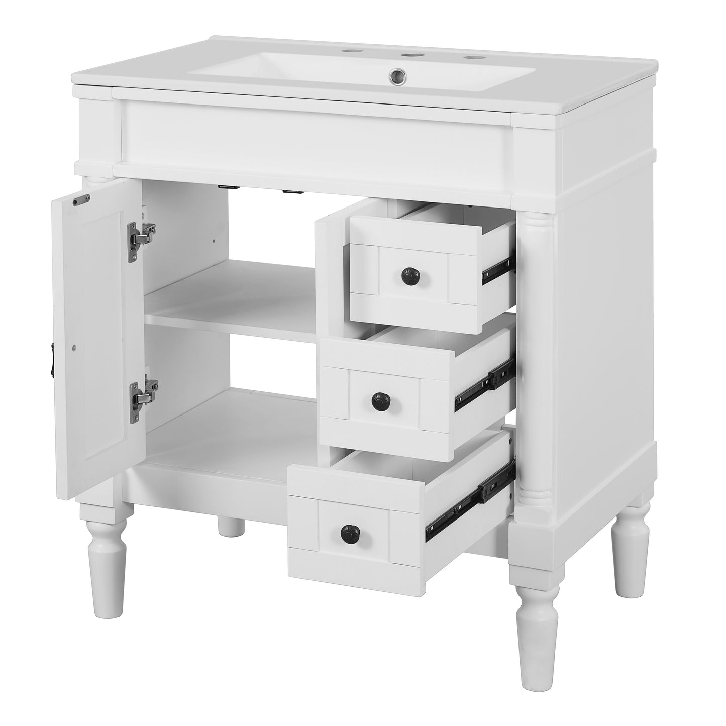 VanityFus White 30-in Bathroom Vanity Single Sink Combo Ceramic Top 2 Soft-Close Doors 3 Drawers Adjustable Shelves