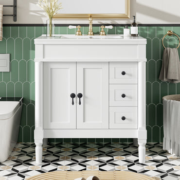 VanityFus White 30-in Bathroom Vanity Single Sink Combo Ceramic Top 2 Soft-Close Doors 3 Drawers Adjustable Shelves