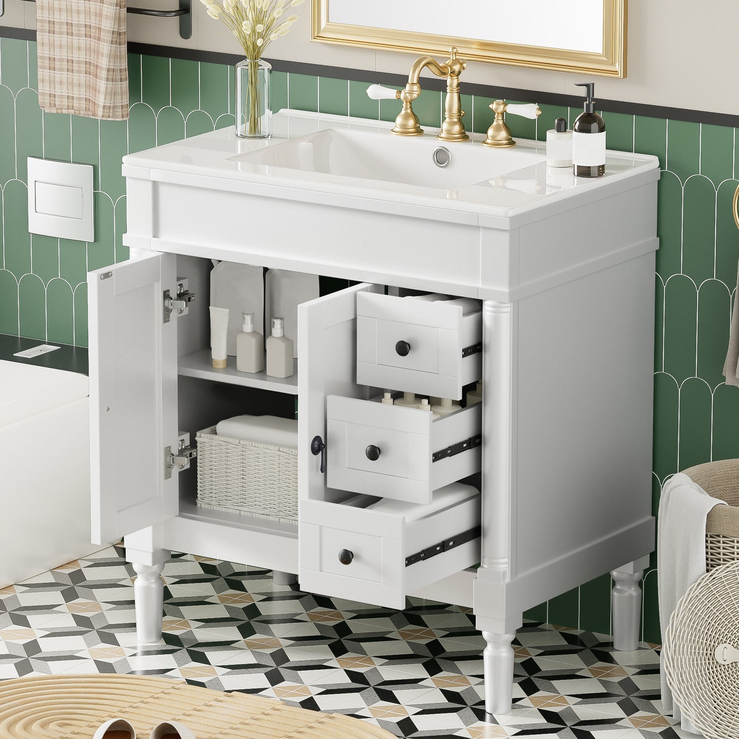 VanityFus White 30-in Bathroom Vanity Single Sink Combo Ceramic Top 2 Soft-Close Doors 3 Drawers Adjustable Shelves