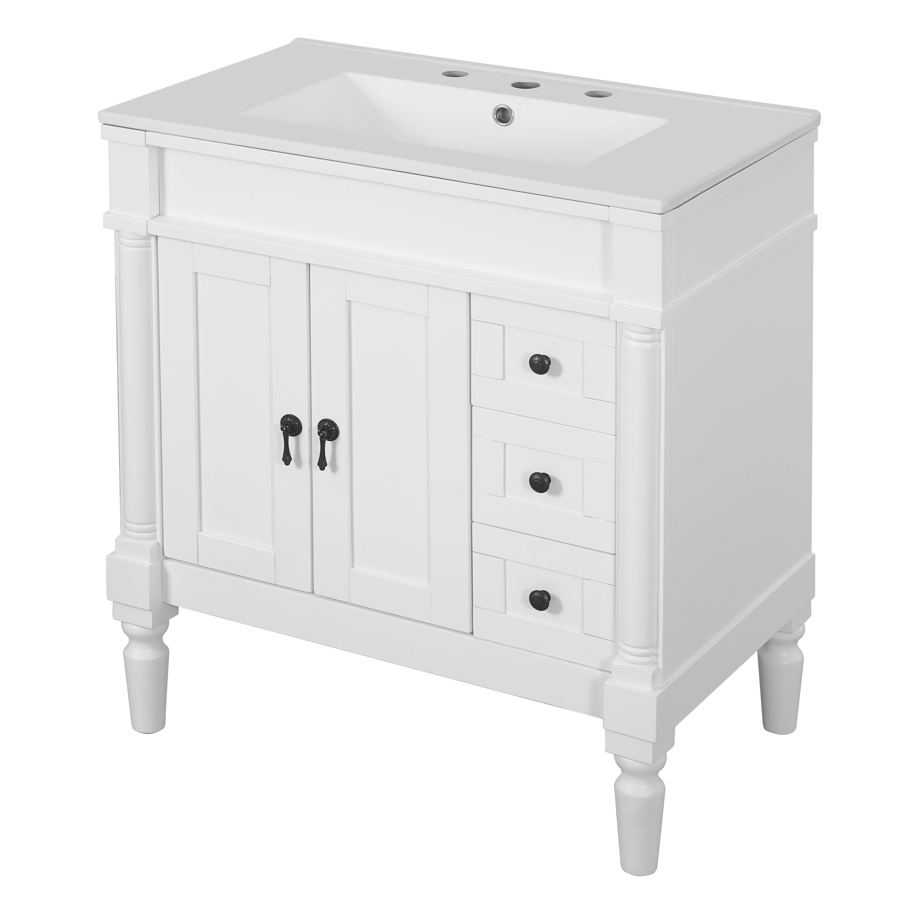 VanityFus White 30-in Bathroom Vanity Single Sink Combo Ceramic Top 2 Soft-Close Doors 3 Drawers Adjustable Shelves
