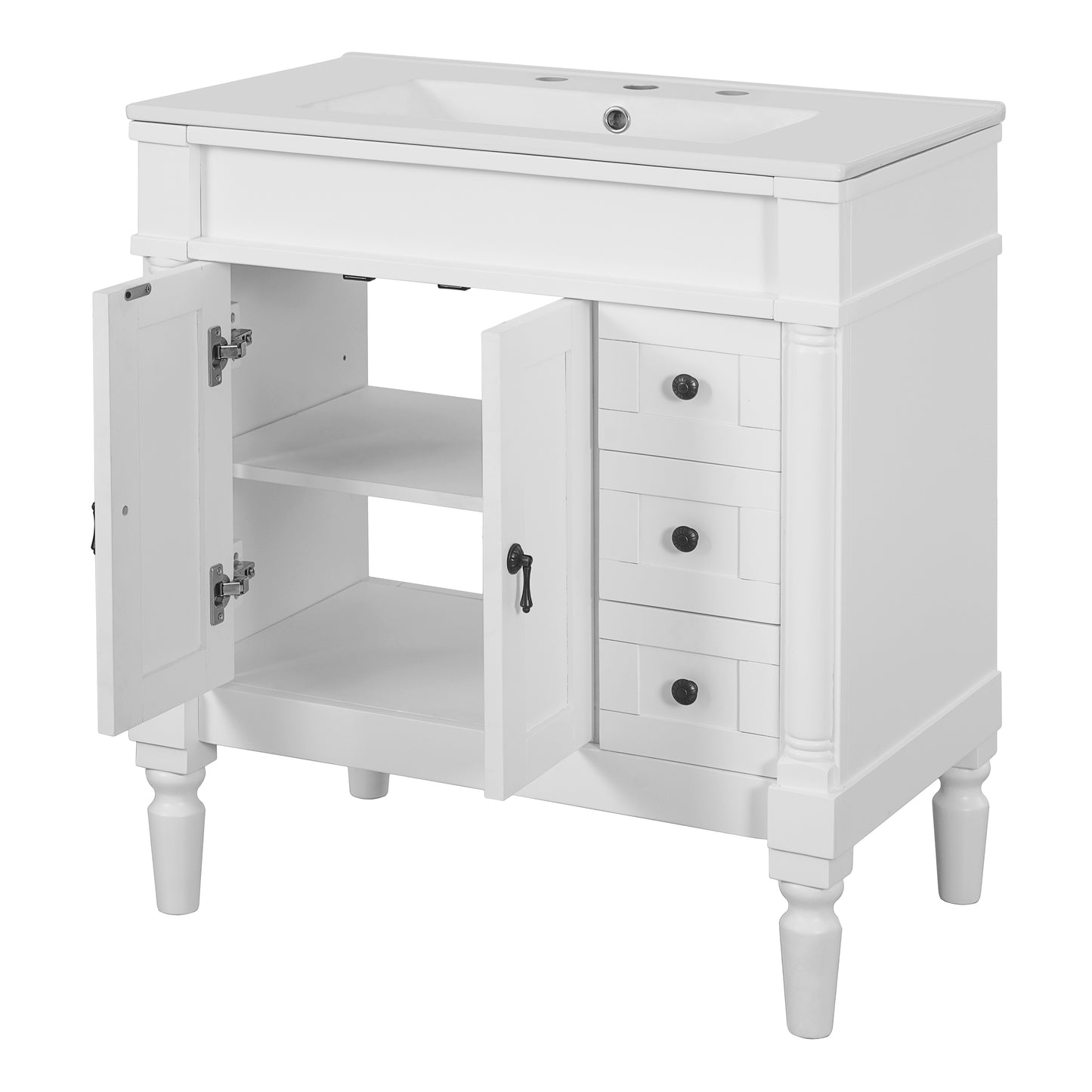 VanityFus White 30-in Bathroom Vanity Single Sink Combo Ceramic Top 2 Soft-Close Doors 3 Drawers Adjustable Shelves