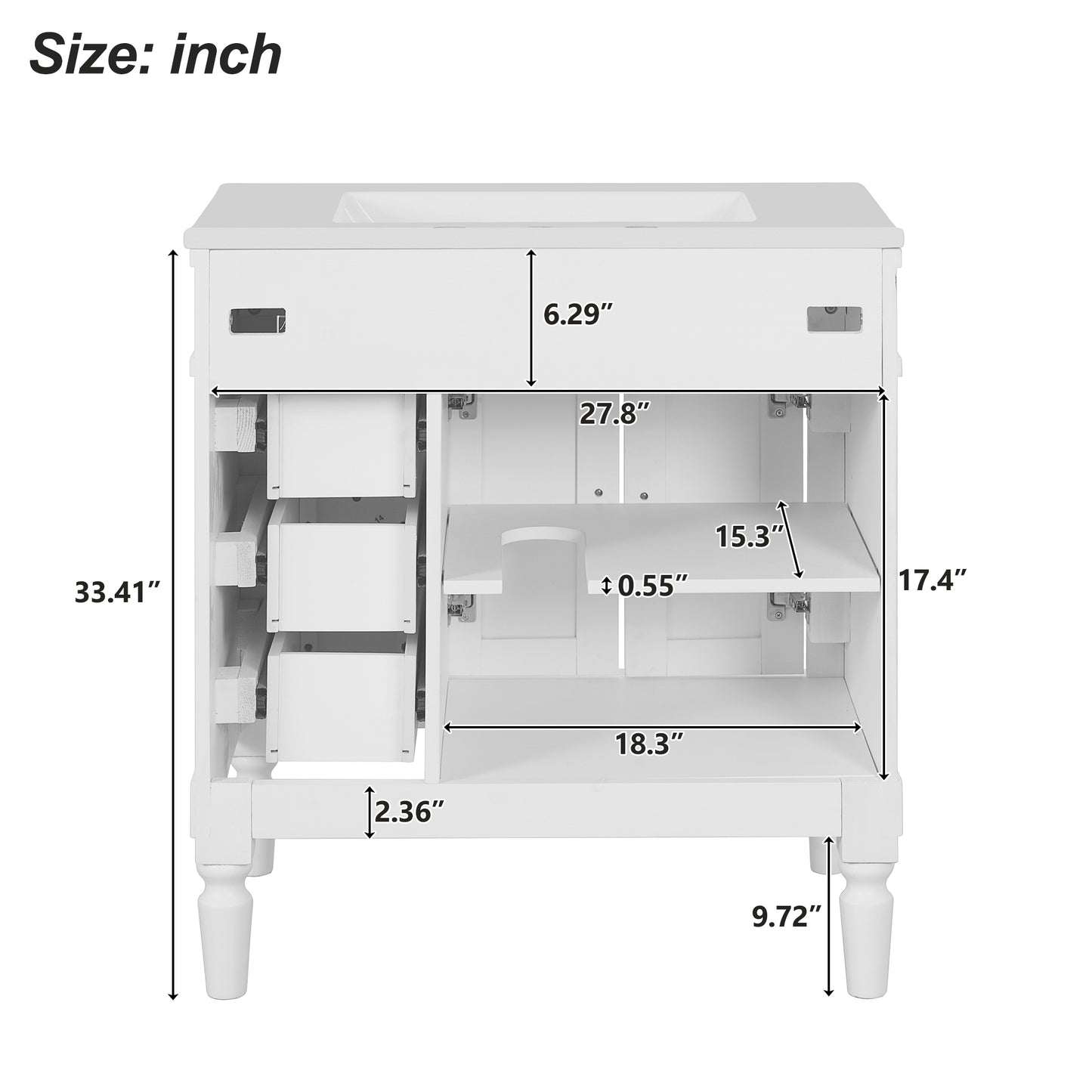 VanityFus White 30-in Bathroom Vanity Single Sink Combo Ceramic Top 2 Soft-Close Doors 3 Drawers Adjustable Shelves