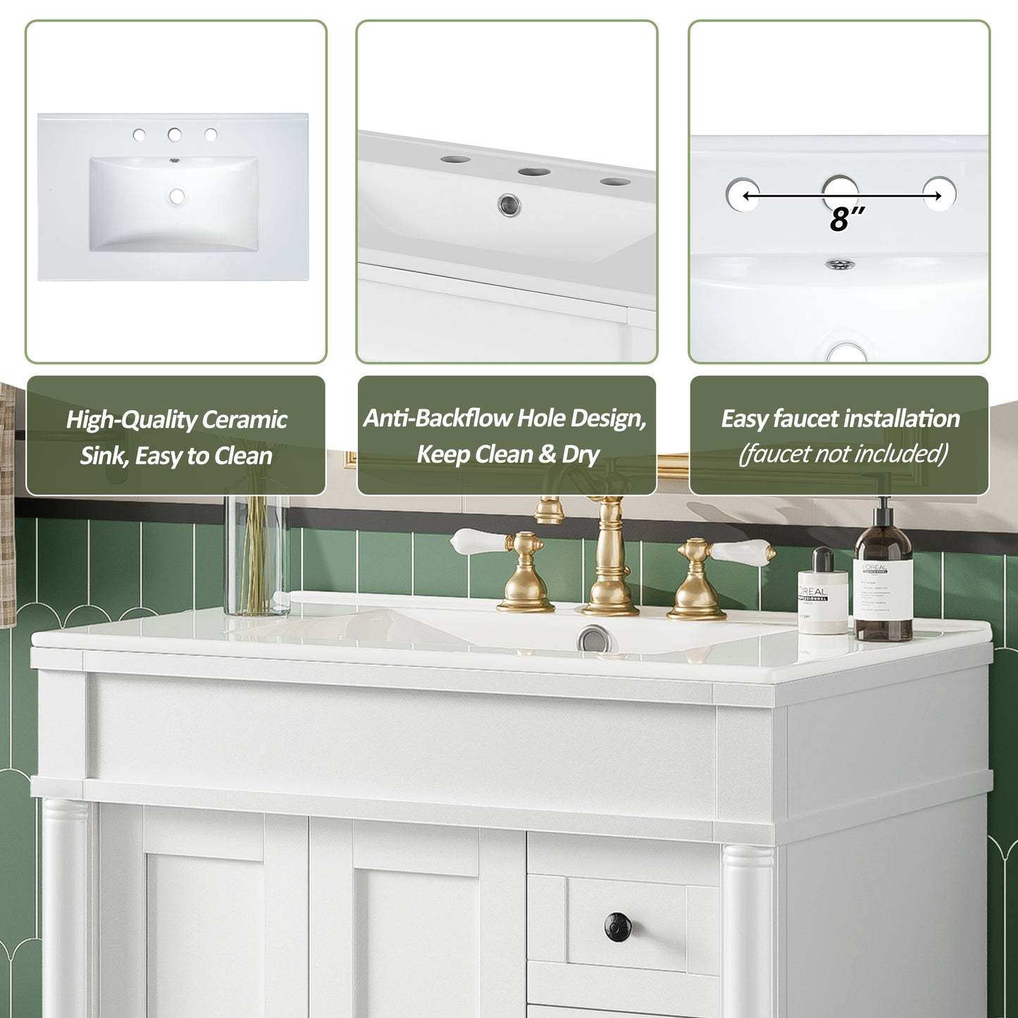 VanityFus White 30-in Bathroom Vanity Single Sink Combo Ceramic Top 2 Soft-Close Doors 3 Drawers Adjustable Shelves