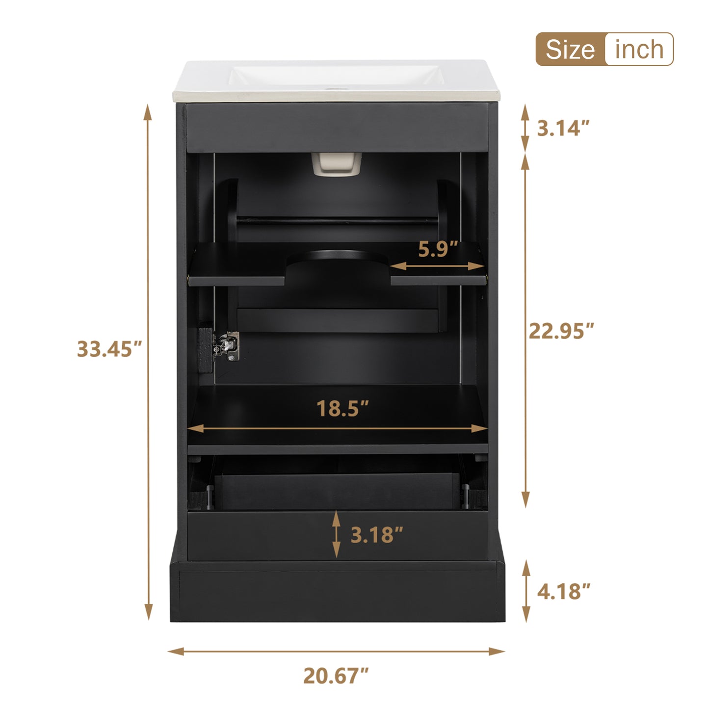 VanityFus Black 20-in Bathroom Vanity Single Sink Combo Ceramic Top 1 Soft-Close Doors 1 Drawer Adjustable shelves