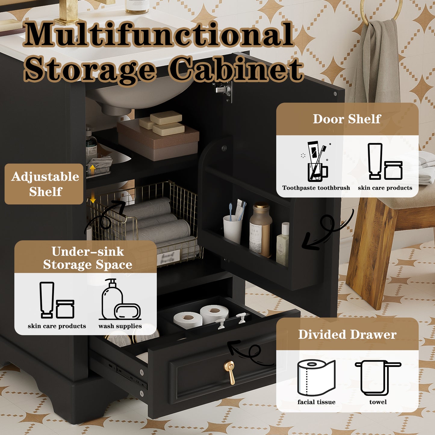 VanityFus Black 20-in Bathroom Vanity Single Sink Combo Ceramic Top 1 Soft-Close Doors 1 Drawer Adjustable shelves