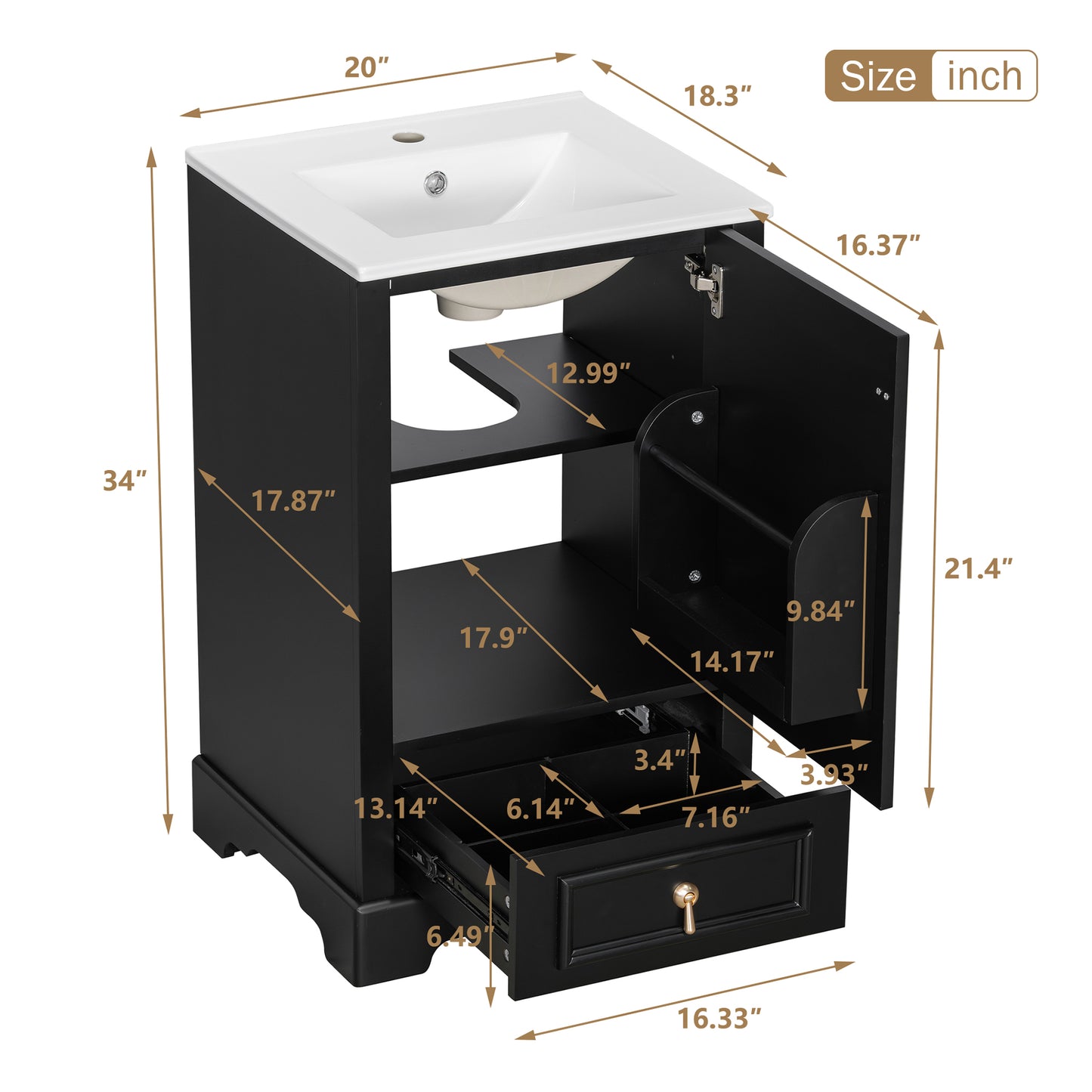 VanityFus Black 20-in Bathroom Vanity Single Sink Combo Ceramic Top 1 Soft-Close Doors 1 Drawer Adjustable shelves
