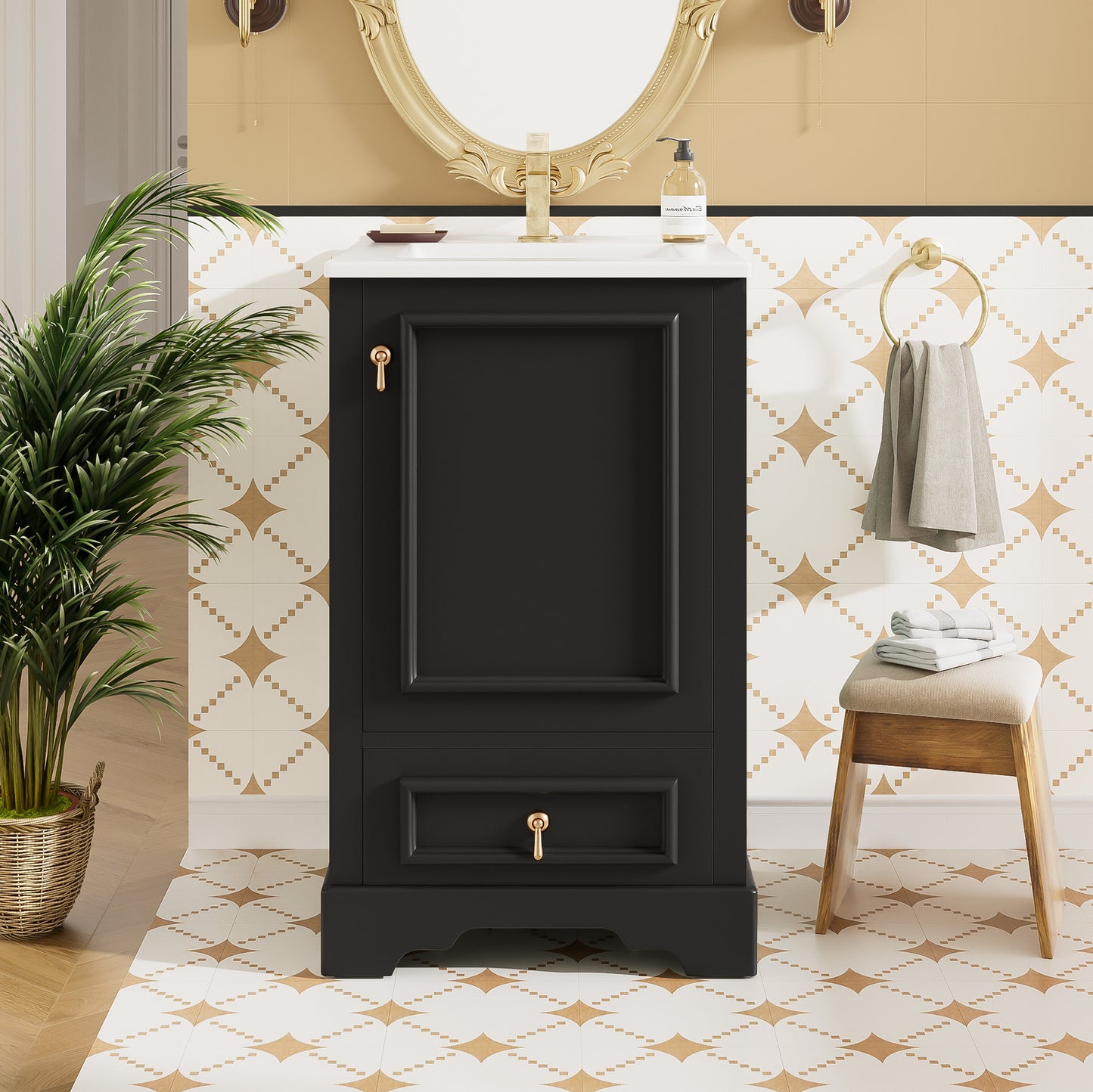VanityFus Black 20-in Bathroom Vanity Single Sink Combo Ceramic Top 1 Soft-Close Doors 1 Drawer Adjustable shelves